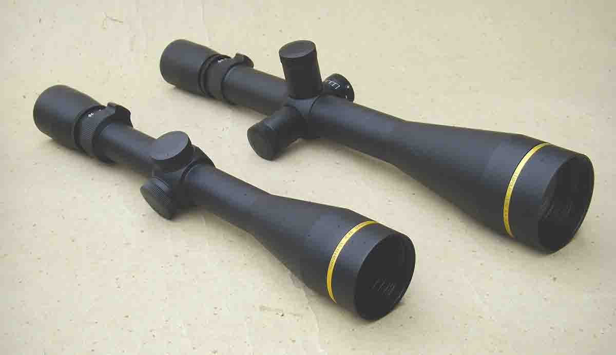 The Leupold VX-3i 3.5-10x 40mm with a one-inch main tube (left) is a versatile, light option. The VX-3i 6.5-20x 50mm with 30mm main tube (right) is designed for long-range shooting.